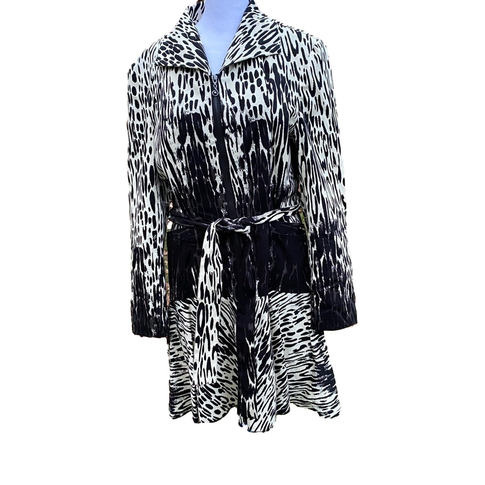 Samuel Dong Jacket Black Cream Zippered Belted Medium NWT